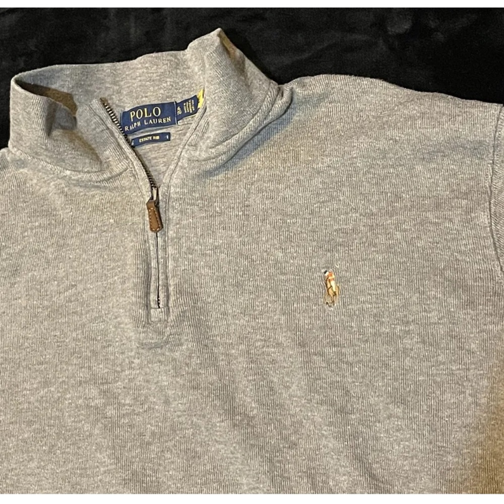 Polo Ralph Lauren Men Sweatshirt Sz XL Grey 100% Cotton ESTATE-RIB Zip Brown Tab